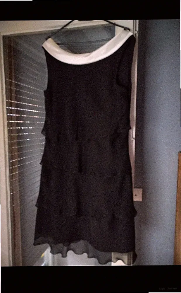 1.2.3 Damen Etuikleid schwarz/weiß Kragen ärmellos knie 46 Chiffon