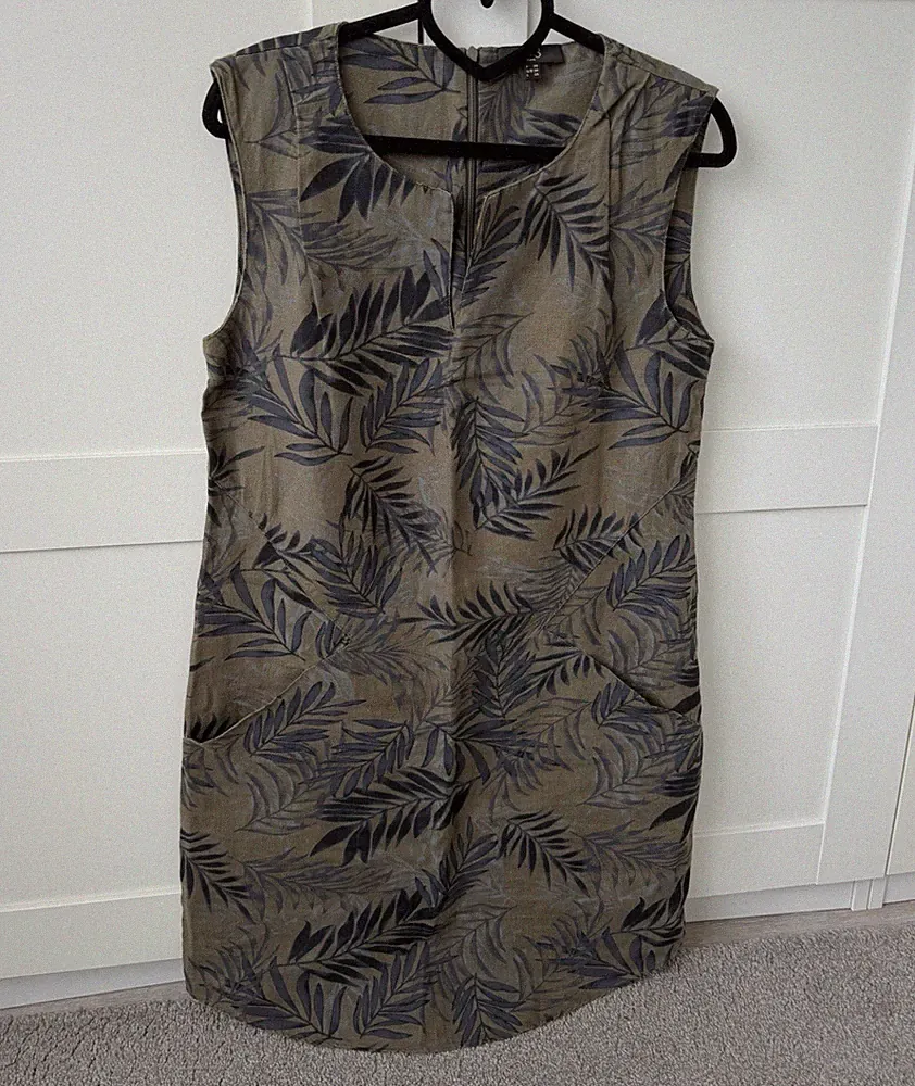 1.2.3 Paris Etuikleid Damen Gr. 36 Leinen Beige/Blau Blätter ärmellos