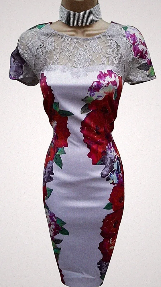 10 UK Coast Stefana Floral Rose Print Lace Pencil Dress Wedding Guest Occasion