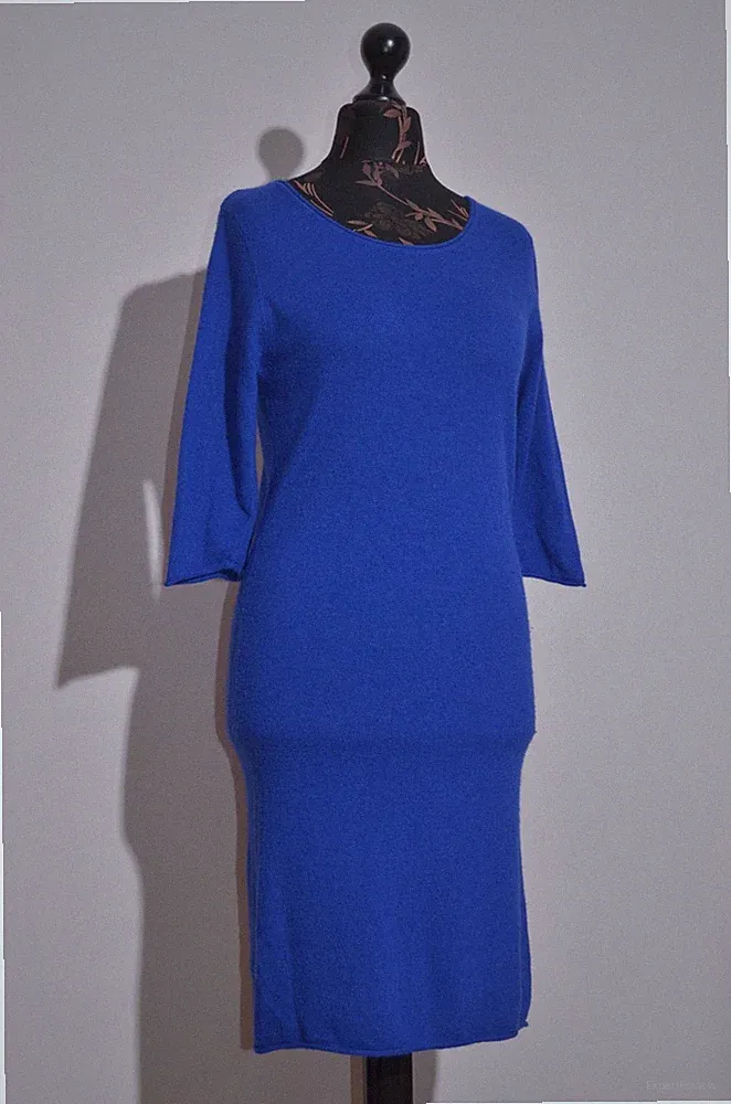 100% Kaschmir Blau Etui Midikleid Offener Rücken 3/4 Arm Minimalistisch Damen M