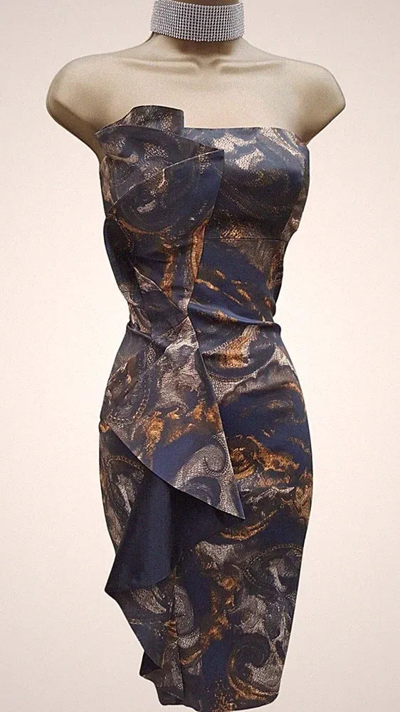 12 UK Karen Millen Vintage braun Paisley Satin drapiert Korsett Bleistiftkleid