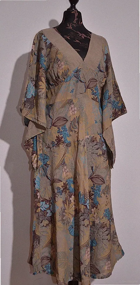 120% Lino Damen Leinen Kleid Blumenmuster 3/4 Kimono Style Ärmel Gr.IT48