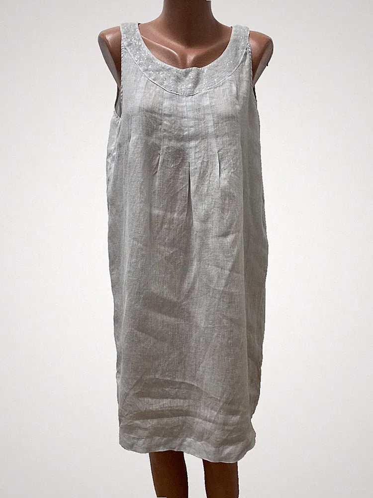 120% LINO Damen Robe Kleid 100% LEINEN Grau Midi Wadenlang bestickt 44