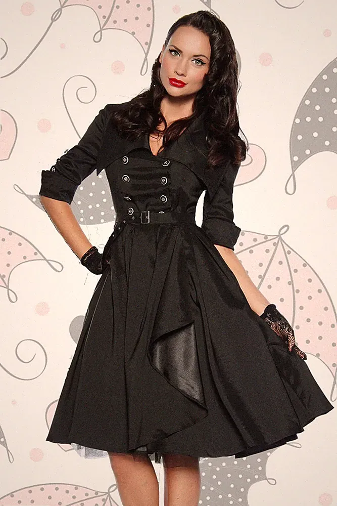 12625 Damen Kleid schwarz elegant Vintage Look knielang tailliert Knopfleiste Ro