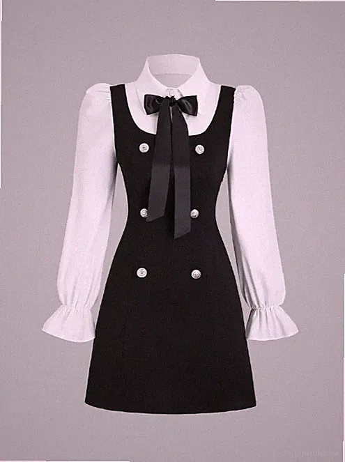2-in-1-Kleid mit abnehmbarem Bogen - Schwarz & Weiß, Stehkragen, lange Ärmel