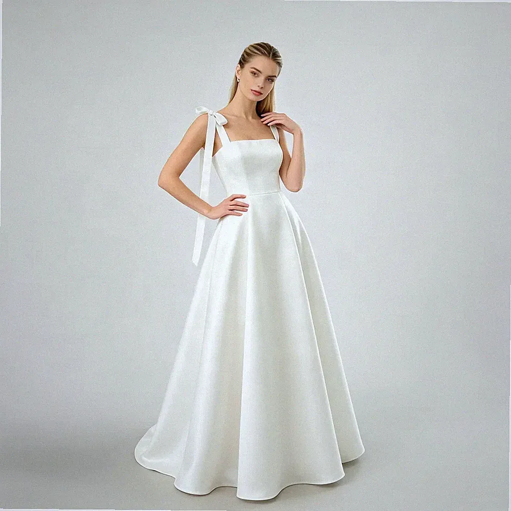 2026 A‑Linie Brautkleid Satin Quadratausschnitt mit Schleifenträger für Hochzeit