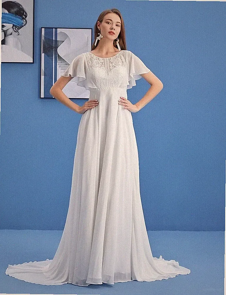 2026 NEU Brautmoden Brautkleid aus Spitze und Chiffon,Elfenbein