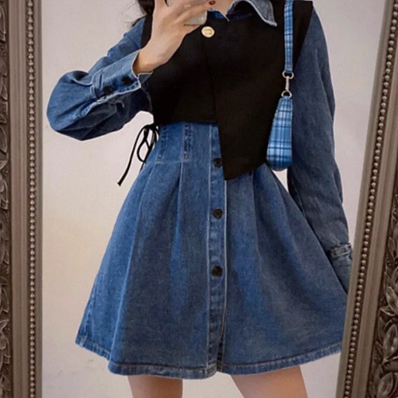 2x Satz Denim Lang Arm A Line Geknöpft Slim Hohe Taille Kleid & Weste Party Set