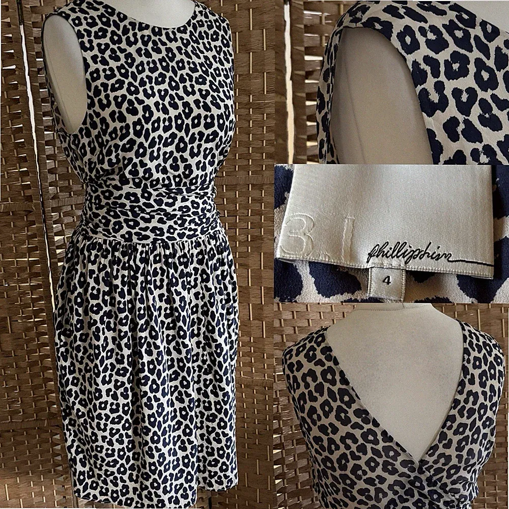 3.1 PHILLIP LIM Kleid marine creme LEOPARDENMUSTER 100 % Seide gefüttert UK 8 36” L37”