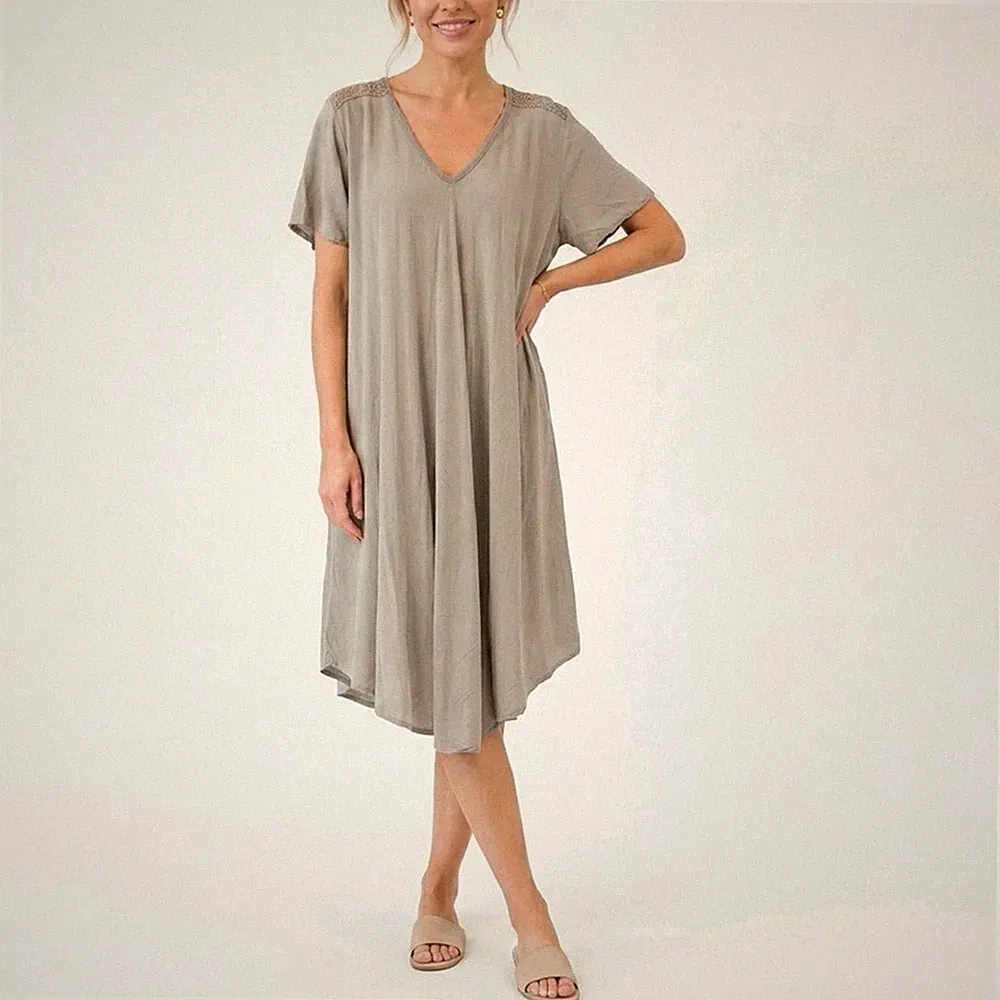 40 42 44 46 Damen Kleid A-Linie V-Ausschnitt Häkelspitze Flatterärmel Braun