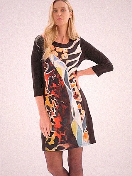 50% Etui Kleid Art by Dolcezza S = 38 schwarz ecru rost Kunstdruck Jersey