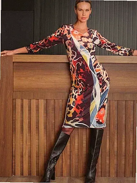 50% Etui Kleid Art by Dolcezza S = 38 schwarz ecru rost Kunstdruck Nicki Samt