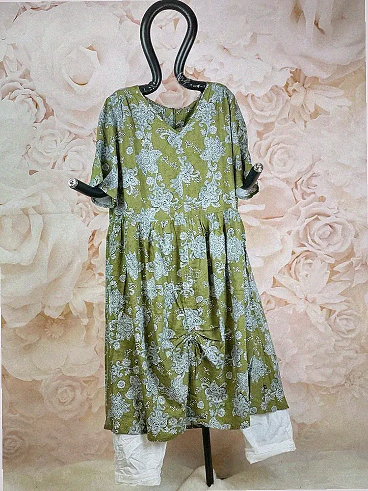 5040 Adia Fashion Kleid A-Linie V-Ausschnitt Raffung Paisley Grün Gr. S 42 44
