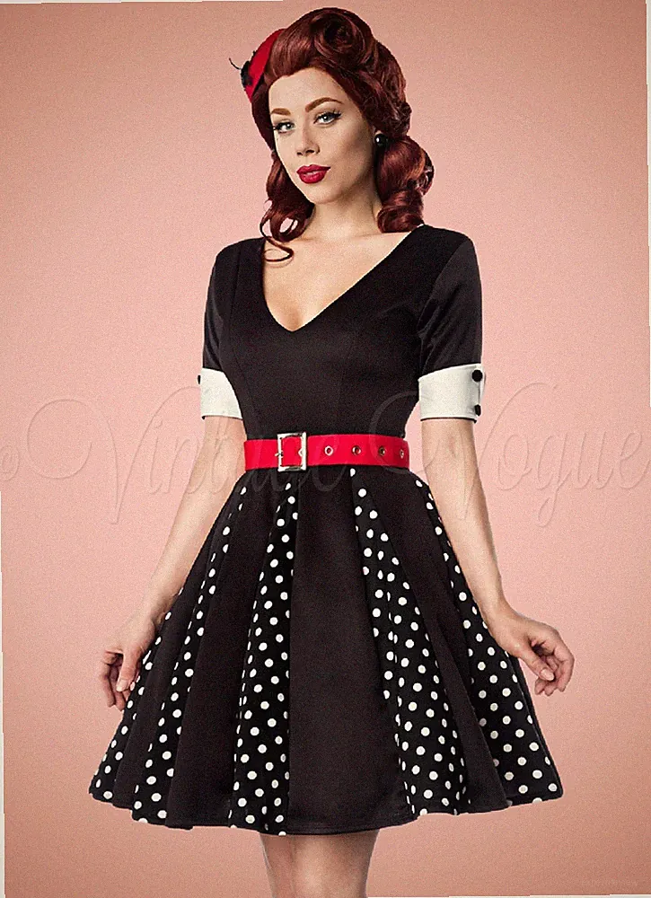 50er Jahre Damen Rockabilly Retro Punkte Vintage Swing Kleid schwarz Gr. XL