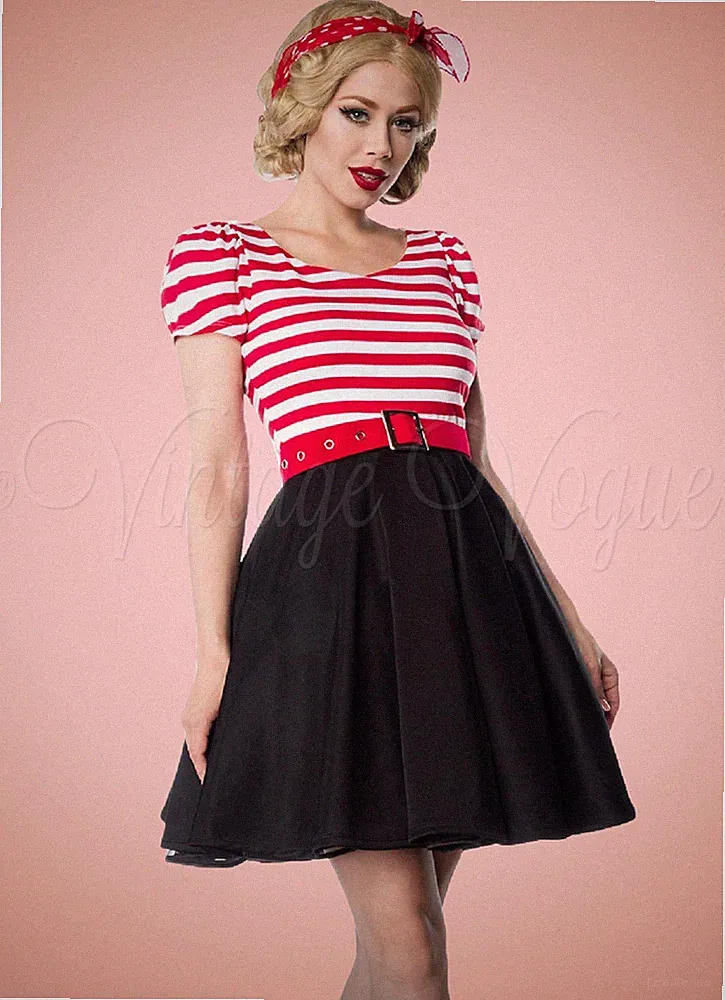 50er Jahre Damen Rockabilly Retro Streifen Vintage Swing Kleid schwarz rot Gr. L