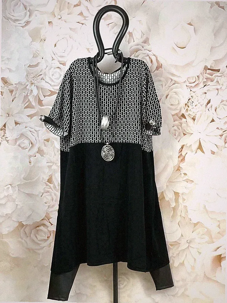 6026 Adia Fashion Kleid Muster A-Linie Schwarz Weiß Gr. S