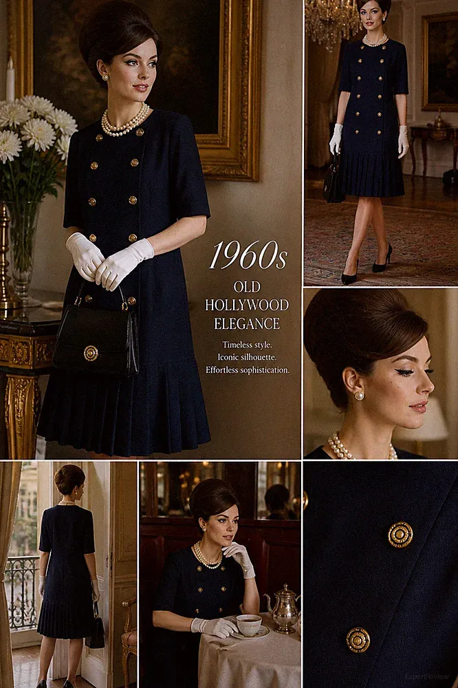 60er Franz Haushofer Kleid Schurwolle schwarzblau Goldknöpfe Gr 40 42