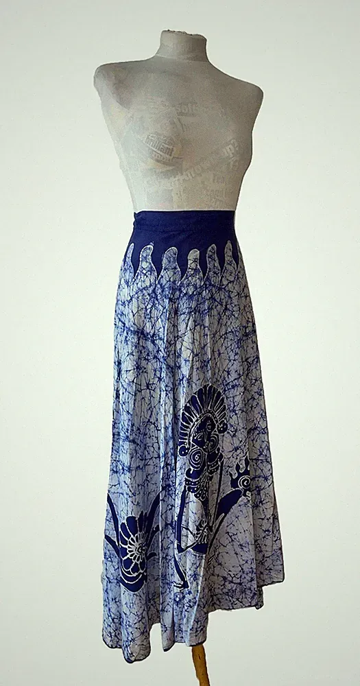 70er JAHRE ROCK BLAU BATIK PRINT TIE DYE BAUMWOLLE WICKELOPTIK LANGE LÄNGE GRÖSSE S/M