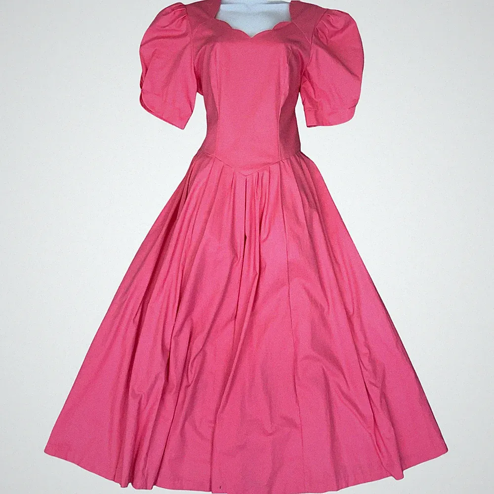 80er 90er "Laura Ashley" rosa Prinzessinnenschnitt Rundhals Midi Partykleid UK 8/10