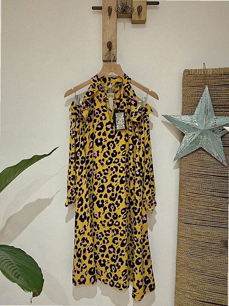 £90 Biba senfgelb Tier Leopardenmuster Rüschen schulterfreies Kleid Größe 12