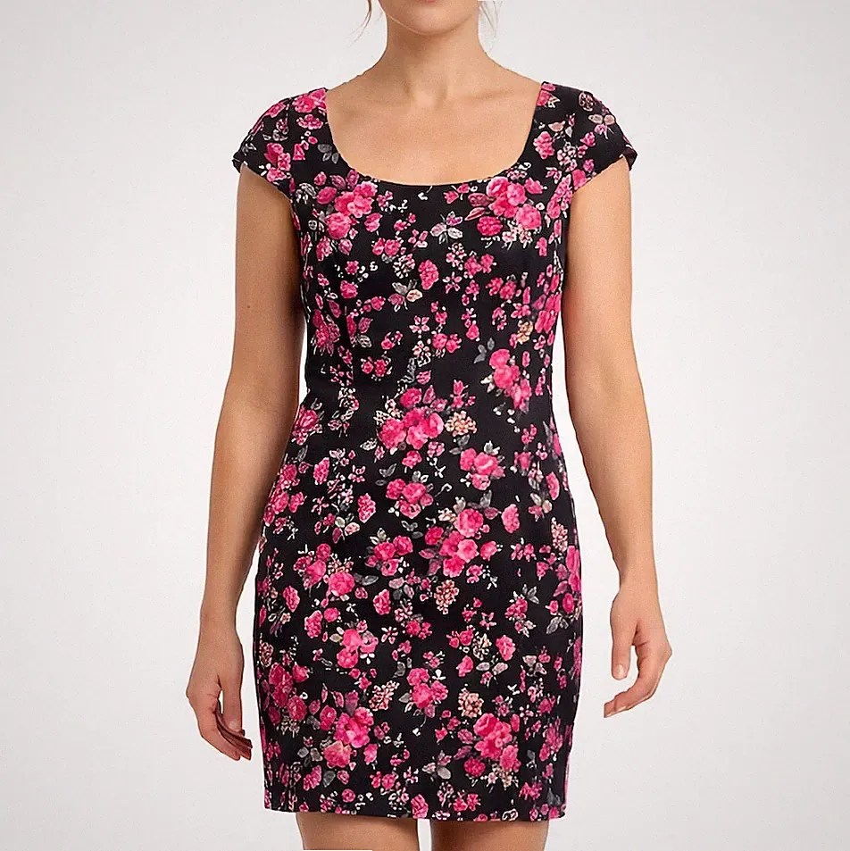 90s Floral Cap Sleeve Etuikleid: Black & Pink Cotton Blend, Size 38