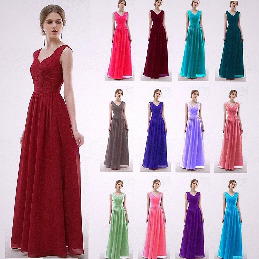 A-Line V-Ausschnitt Spitze bodenlanges Chiffon Brautjungfernkleid mit 34-52
