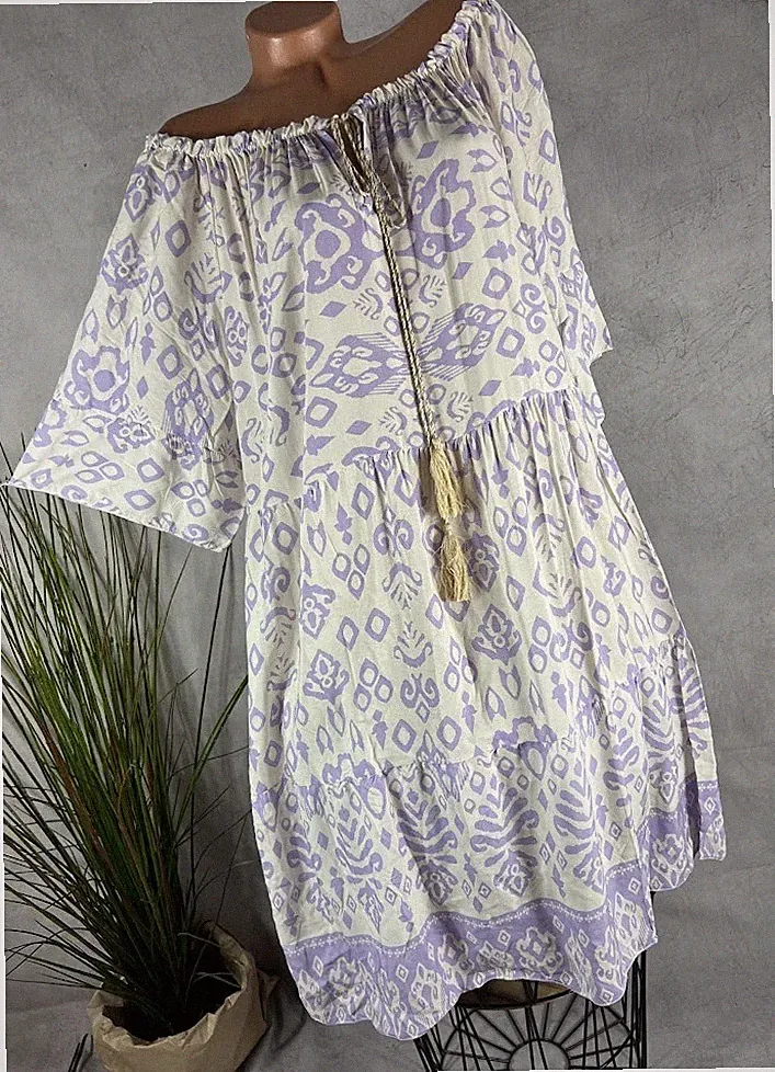 A-linie Boho sommer KLEID Stufen Tunika Quasten Italy gemustert M3 42 44 46