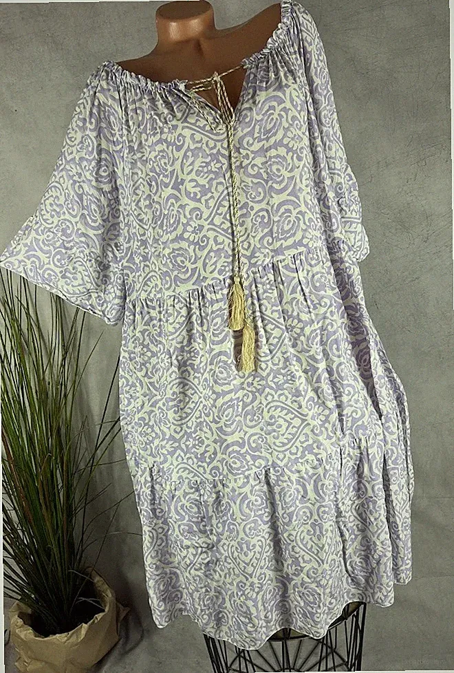 A-linie Boho sommer KLEID Stufen Tunika Quasten Italy gemustert M5 42 44 46