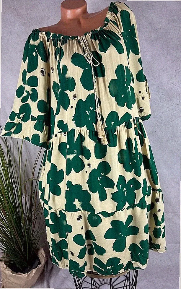A-linie halbarm KLEID Stufen Tunika Quasten Italy Blumen Muster 42 44 46