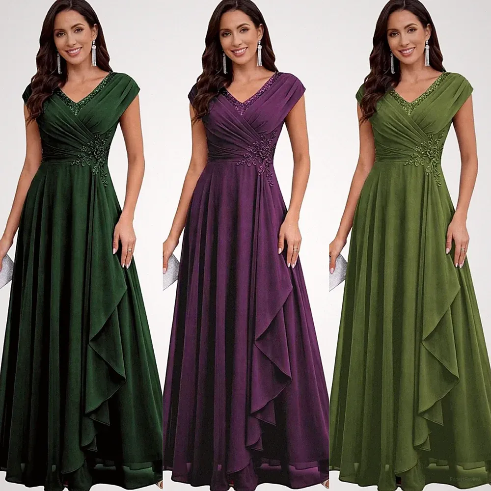 A-Linie Hochzeitsgast Kleid V-Ausschnitt Brautmutterkleider Lang Festtagskleid