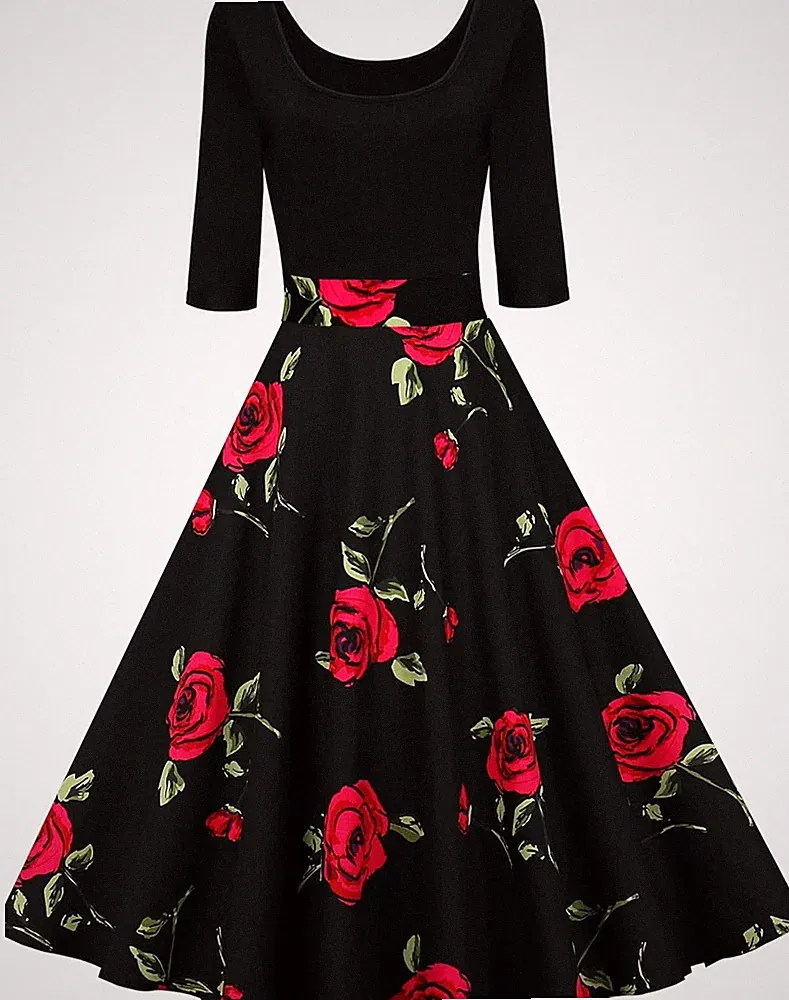 A-Linie Kleid 60er Jahre Rockabilly 3/4 Ärmel Vintage Retro Größe S Damen