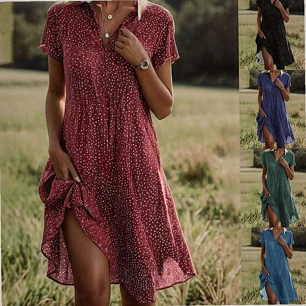 🔥A-Linie-Kleid Damen Kurzarm Sommerkleid V-Neck Freizeitkleid Tupfen Midikleid