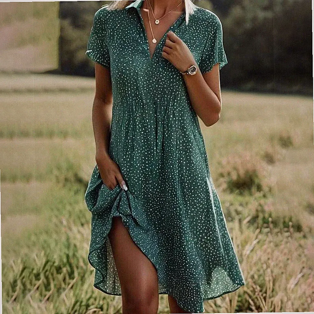 🔥A-Linie-Kleid Damen Kurzarm Sommerkleid V-Neck Freizeitkleid Tupfen Midikleid