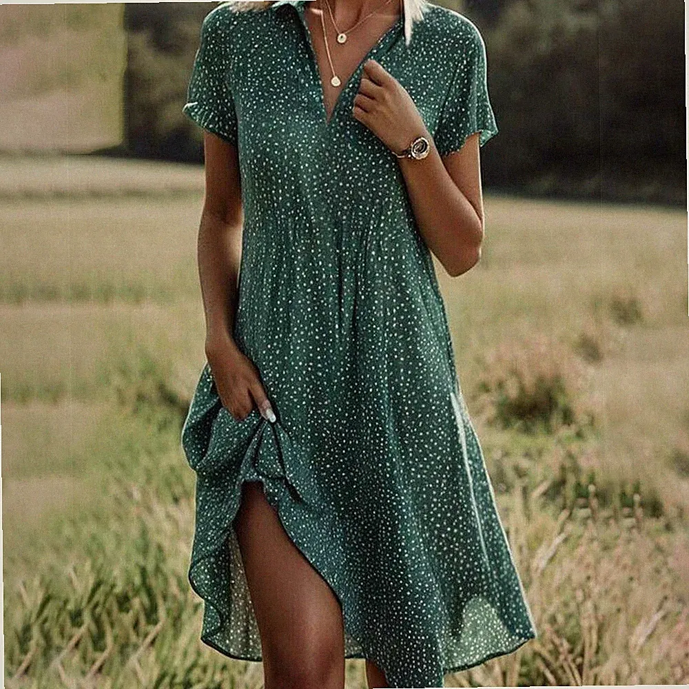 🔥A-Linie-Kleid Damen Kurzarm Sommerkleid V-Neck Freizeitkleid Tupfen Midikleid