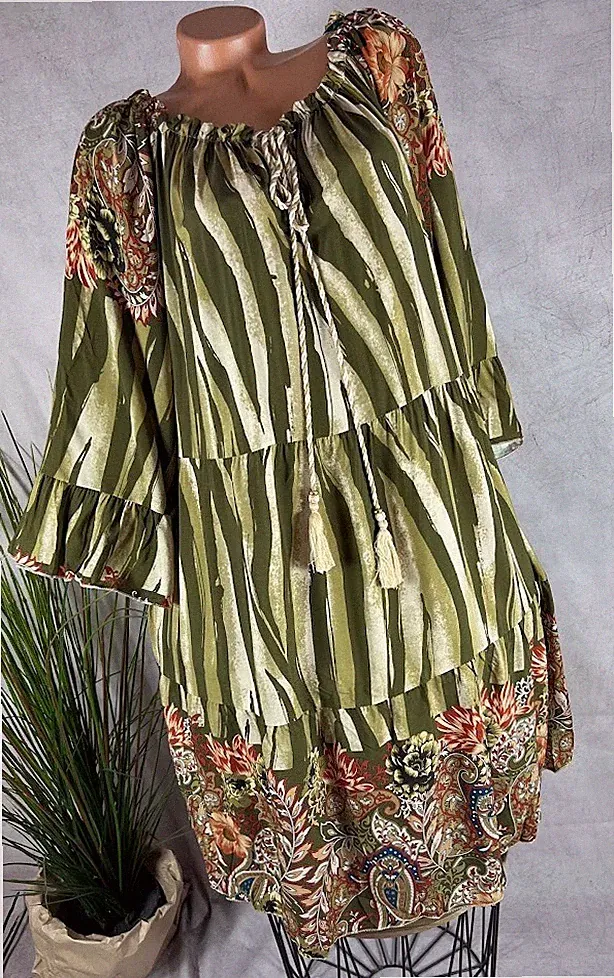 A-linie KLEID Stufen Tunika Quasten Italy Muster GRÜNTON 42 44 46