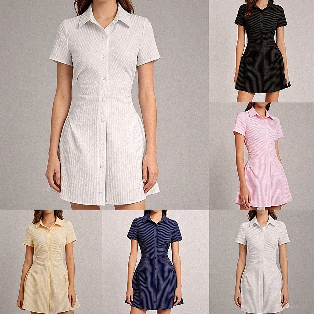 A-Linie Rockform Damen V-Ausschnitt Kleid Plissee Shirtkleid Slim A-Linie Rock
