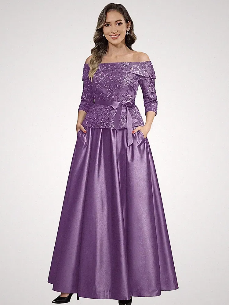 A‑Linie Satin Brautmutterkleid Off‑Shoulder Abendkleid Hochzeitsgast