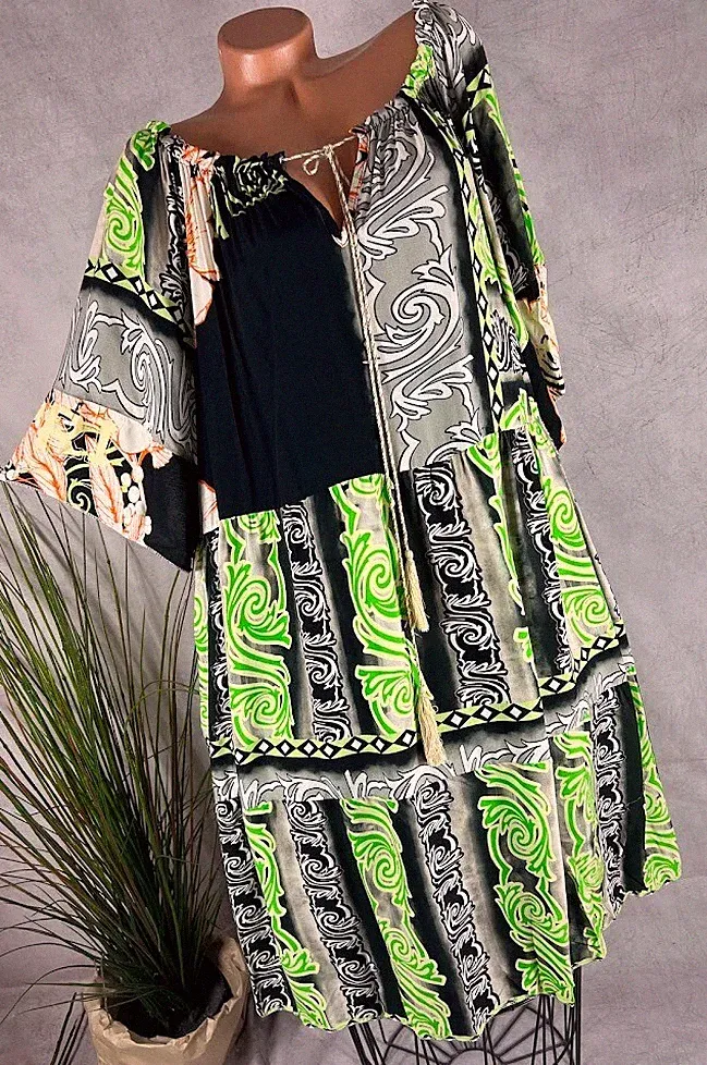 A-linie sommer halbarm KLEID Stufen Tunika Quasten Italy Muster M5 42 44 46