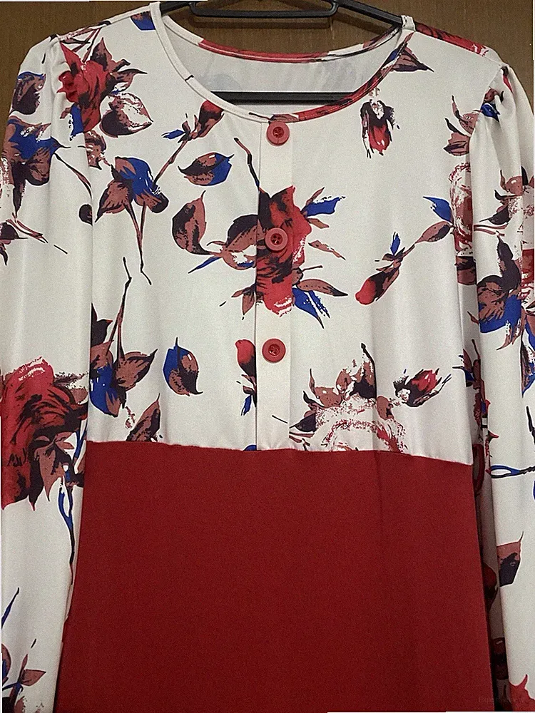 A-Linien-Kleid Blumen rot weiß blau Knopfleiste Damen Langarm Midi 38