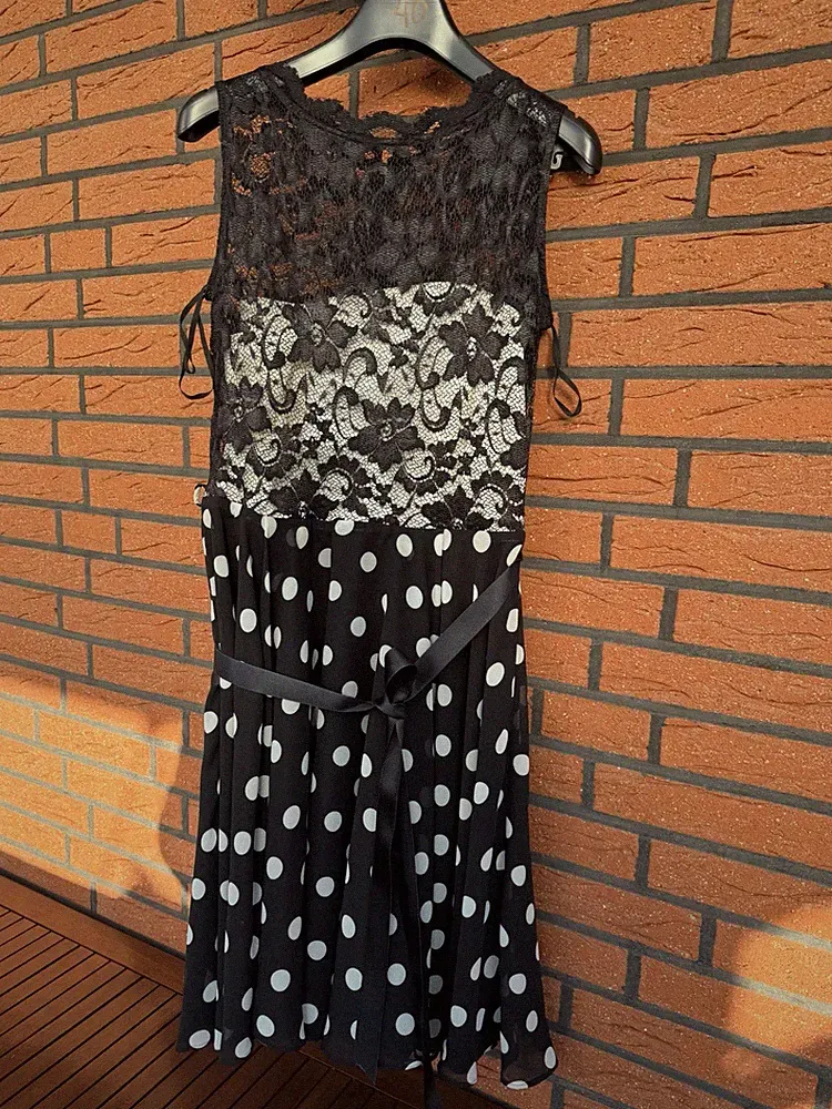 A-Linien Kleid Damen Gr.42 mit Spitze Schwarz Mit Weisen Punkten