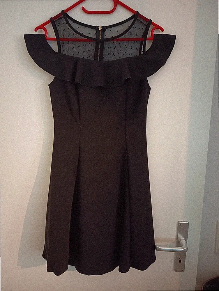A-Linien Kleid Damen Schwarz Gr. 34 bis Knie Schulterfreie Ärmel Rüschen