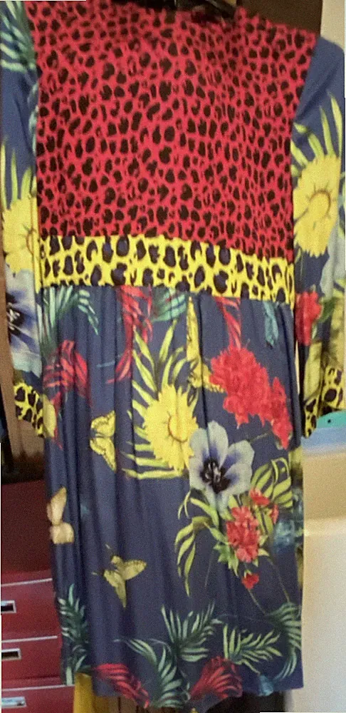A-Linien-Kleid mehrfarbig Leoparden Blumenmuster Viskose Halbarm Gr. M