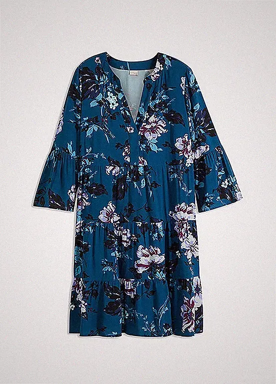 A-Linien-Kleid mit Blumenmuster Gr 42 Blau Floral Freizeitkleid Tunikakleid Neu*