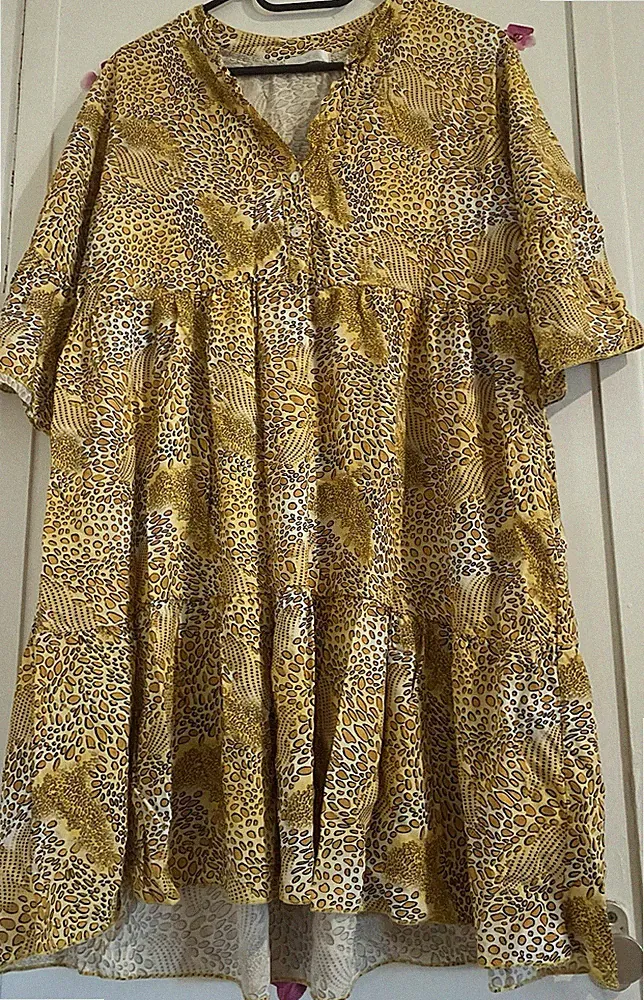 A-Linien-Kleid Tiermuster gelb braun weiß Damen V-Ausschnitt Kurzarm Gr. 40
