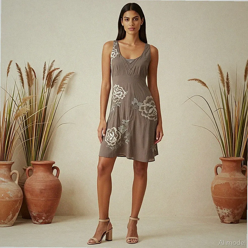 Abend Boho Knielang Kleid Braun Blumen Baumwolle A-Linie Bestickt Monsoon Gr. 38