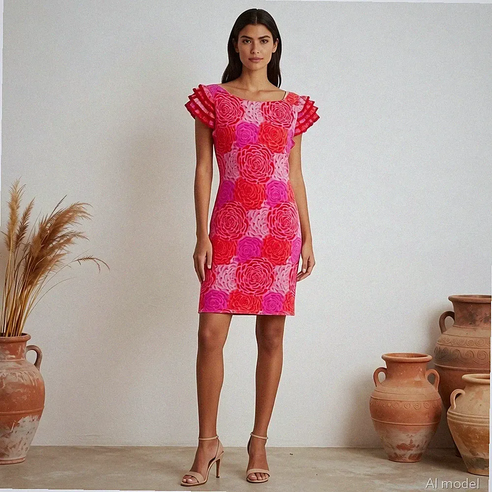Abend Boho Knielang Kleid Rosa Rot Blumen Baumwollmischung Flatterärmel Party L