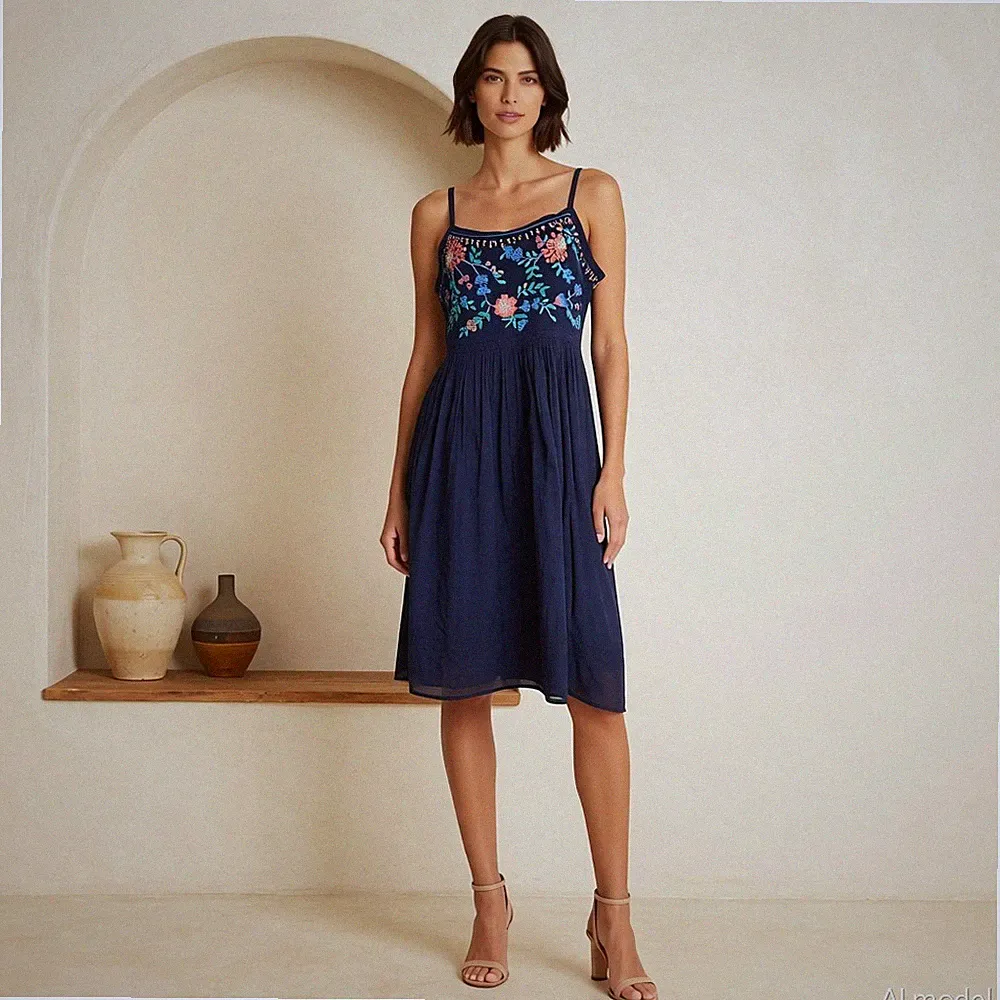 Abend Boho Midi Kleid Blau Blumen Baumwolle A-Linie Ärmellos Bestickt Gr. 42