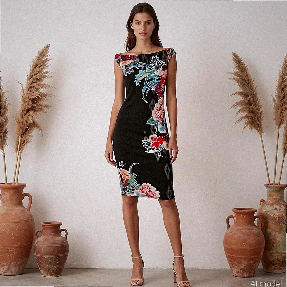 Abend Boho Midi Kleid Mehrfarbig Blumen Etui Carmen Ausschnitt Ärmellos Gr. 36