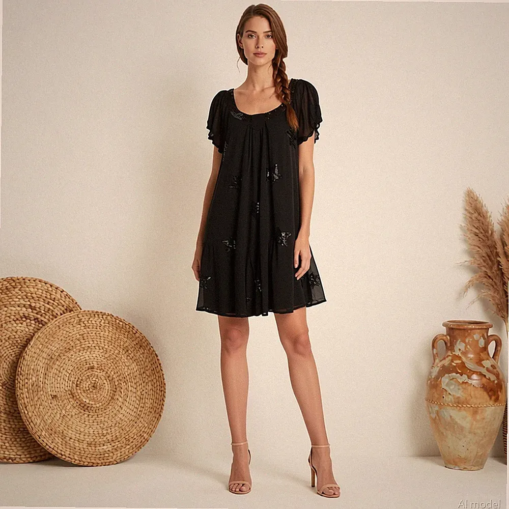 Abend Celestial Knielang Kleid Schwarz Sterne Chiffon Viskose Kurzarm Gr. 42