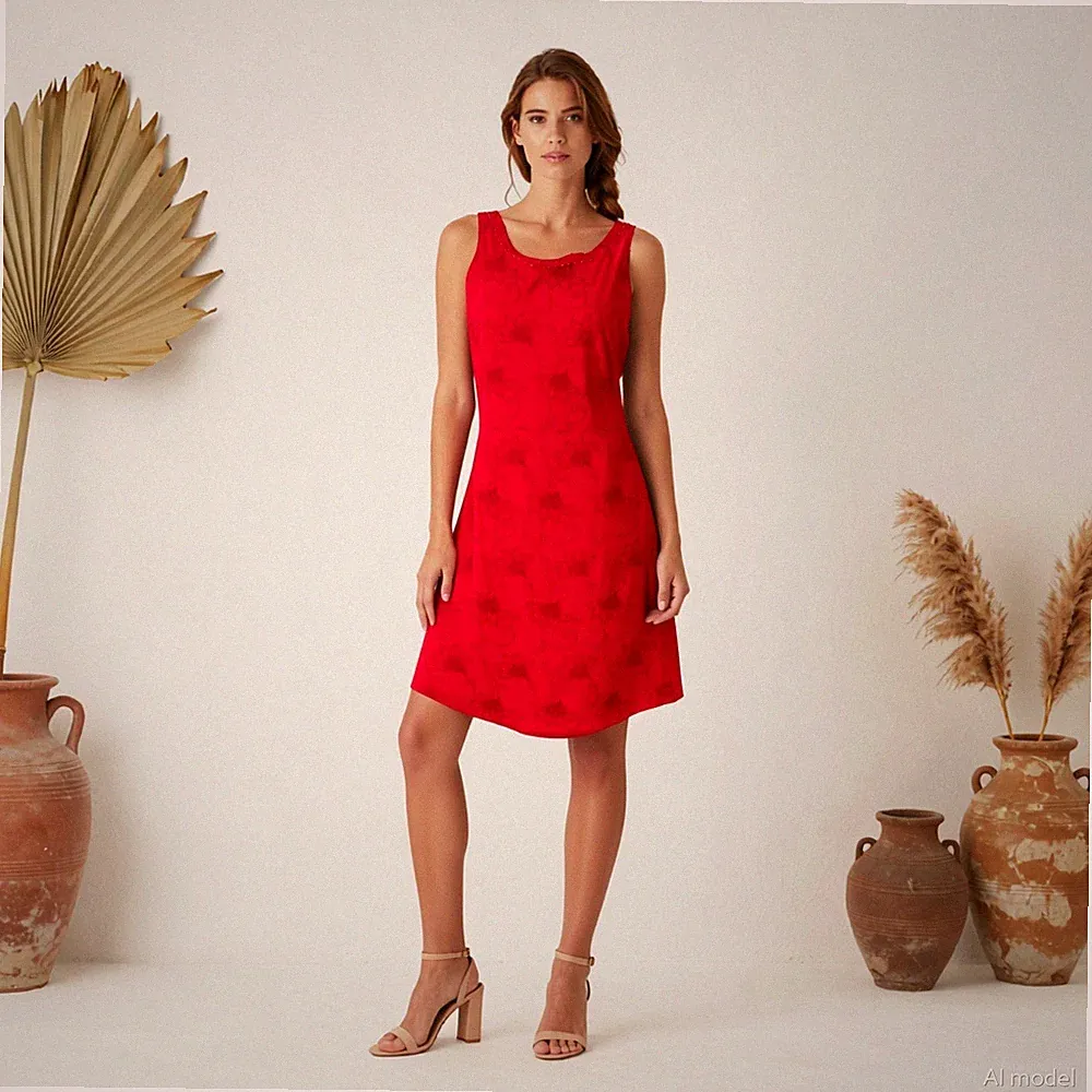 Abend Cocktail Knielang Kleid Rot Blumen Etui Ärmellos Perlen Gefüttert Party M